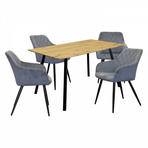 Jídelní set stůl 140x80 Bergen dub + 4 židle Diamant šedý samet 4458