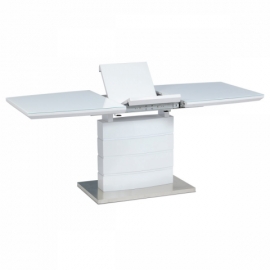 Rozkládací jídelní stůl 140+40x80x76 cm, bílý lesk, bílé sklo / broušený nerez HT-440 WT