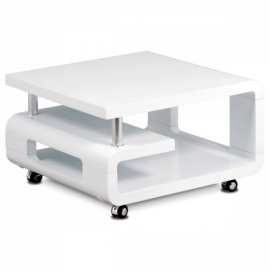 Konferenční stolek 70x70, bílý MDF vysoký lesk, chrom, 4 kolečka AHG-617 WT