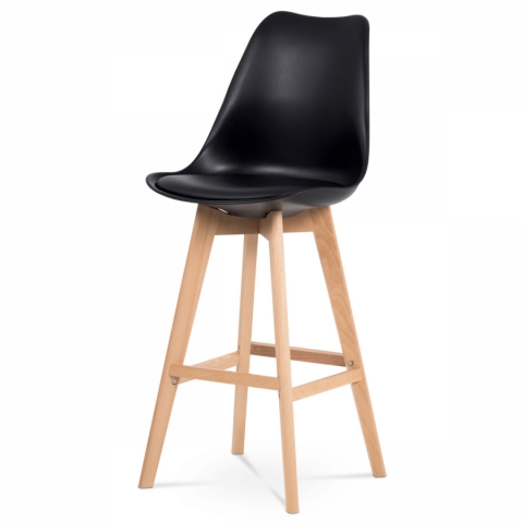 Barová židle, černá plastová, nohy masiv buk, CTB-801 BK