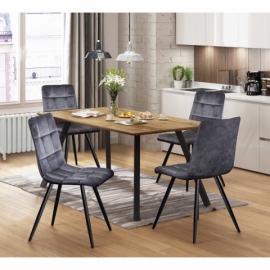Jídelní set šedý samet pro 4 osoby, stůl dub + 4 židle, 4450 Bergen