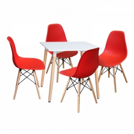 Jídelní set pro 4 osoby stůl 80x80 bílý + 4 židle červené, UNO 4493