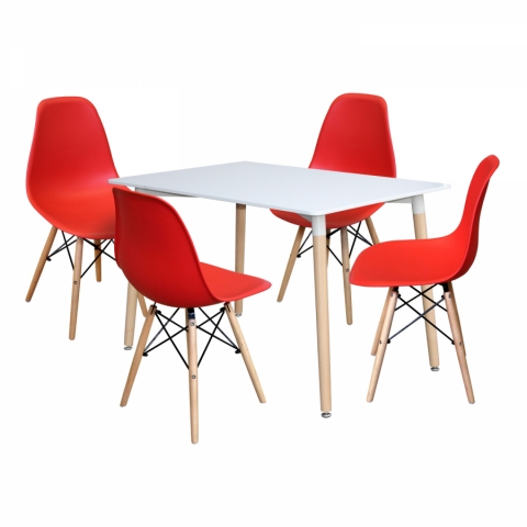 Jídelní set pro 4 osoby, stůl 120x80 UNO bílý + 4 židle UNO červené 4497