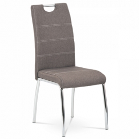 Jídelní židle, potah coffee látka, bílé prošití, kovová 4nohá chromovaná podnož HC-485 COF2