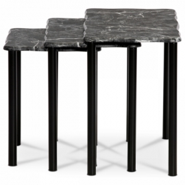 Přístavné a odkládací stolky, set 3 ks, deska černý mramor, kovové nohy, černý m 20658-04 BK