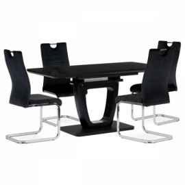 Jídelní stůl 110+40x75 cm, černá 4 mm skleněná deska, MDF, černý matný lak HT-430 BK
