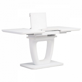 Jídelní stůl 110+40x75 cm, bílá 4 mm skleněná deska, MDF, biely matný lak HT-430 WT