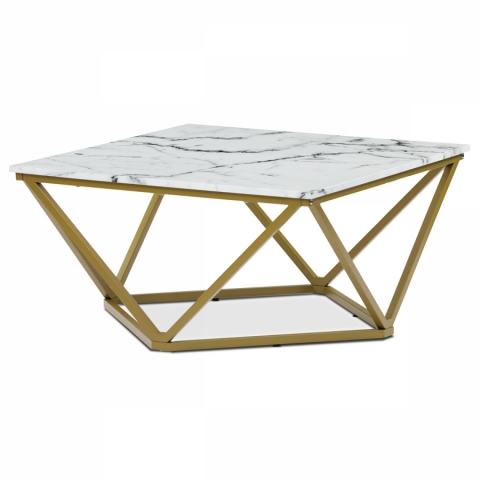Konferenční stolek MDF deska dekor bílý mramor zlatý matný kovový rám AHG-631 WT 