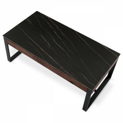 Konferenční stolek slinutá keramika 120x60 černý mramor nohy černý kov tmavě hnedá dýha AHG-285 BK 