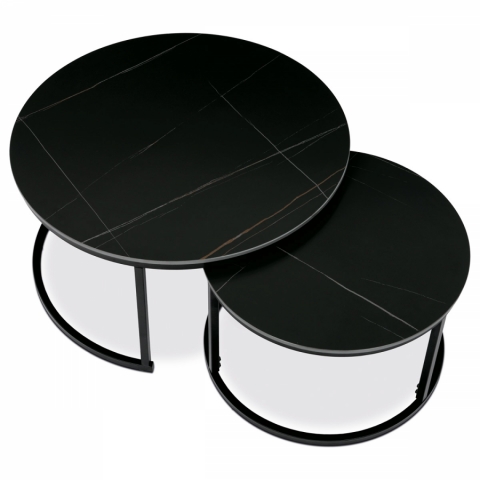 Sada 2 konferenční stolky pr 80 a 60 černá keramická deska černé kovové nohy AHG-404 BK 