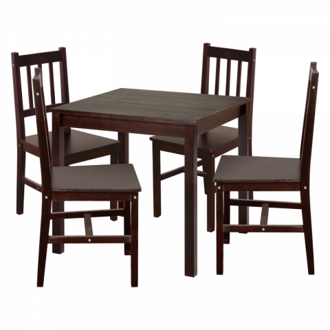 Jídelní set stůl 75x75 masiv borovice tmavohnědý lak + 4 židle 4485