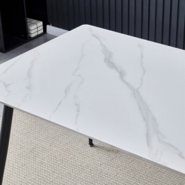 Stůl jídelní 130x70x76 cm, deska slinutý kámen v imitaci matného mramoru, černé kovové nohy HT-403M WT