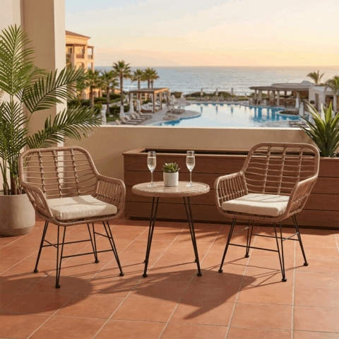 Zahradní kovový set stůl + 2 židle umělý ratan béžový polywood AZ-F1208 NAT 