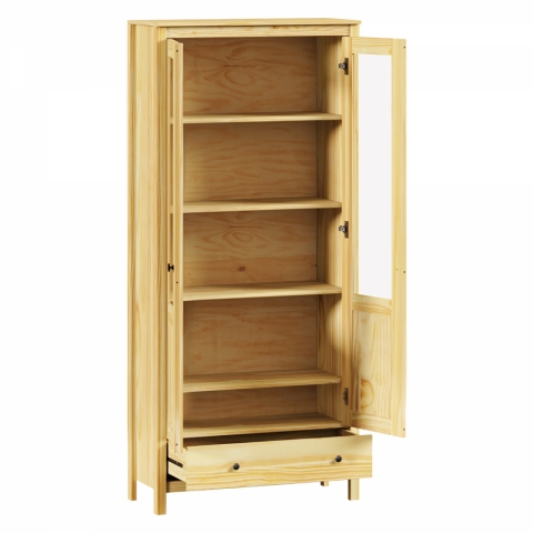 Vitrína masiv borovice 2 dveře + 1 zásuvka kovové úchytky TORINO 