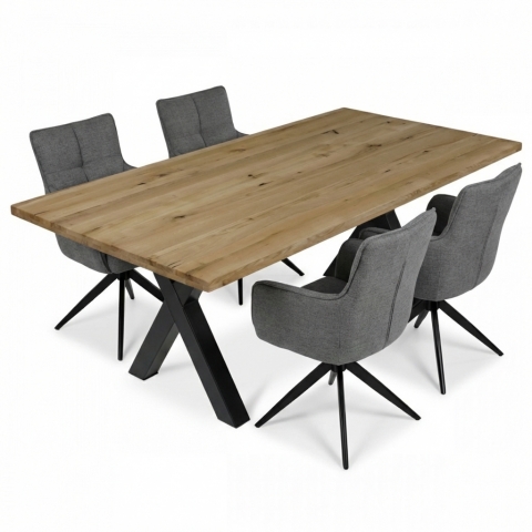 Luxusní jídelní set stůl 200x100x75 masiv dub kovové černé podnoží X + 4 židle šedá Maxim