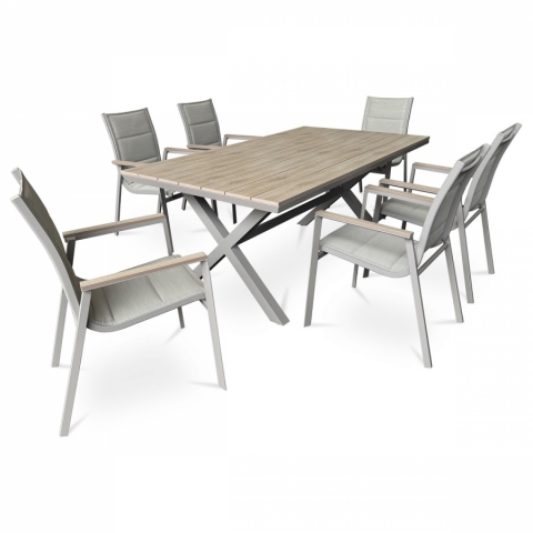 Zahradní set 6+1 stůl 180x100 polywood světlý dub hliníkové nohy béžový AZT-S1510 OAK 