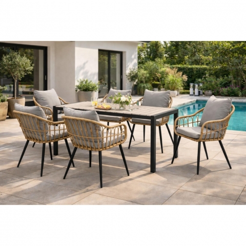 Zahradní set 6+1 stůl 160x90 polywood černý hliník ratan + 6 židlí AZTXR2-S1514 BK