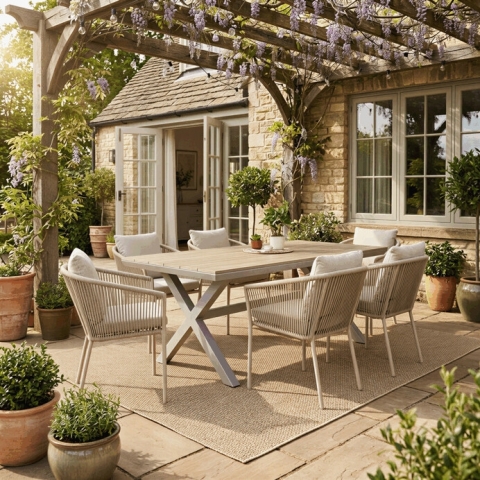 Zahradní set 6+1 stůl 180x100 polywood světlý dub hliník ratan béžový AZTXR8-S1510 OAK  