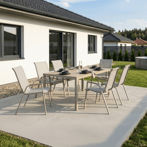 Zahradní set pro 6 osob 6+1 stůl 150×90 polywood béžový AZTXR13-S1215 CRM  