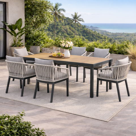 Zahradní kovový set 6+1 stůl 190x90 hliník polywood šedý AZTXR16-W1408 GREY  