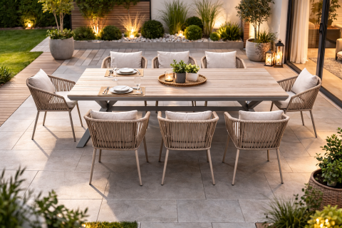 Zahradní set 8+1 stůl 180x100 polywood světlý dub hliníkové nohy béžový AZTXR19-S1510 OAK 