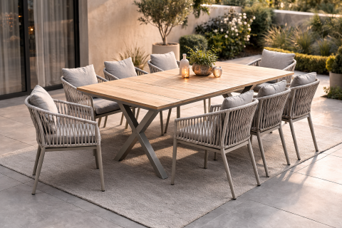 Zahradní set 8+1 stůl 180x100 polywood světlý dub hliník béžový AZTXR20-S1510 OAK  