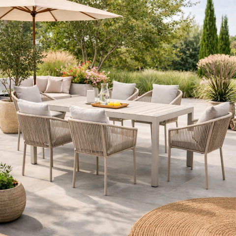 Zahradní kovový set 6+1 stůl 162x89 polywood béžový AZTXR22-S1215 CRM  